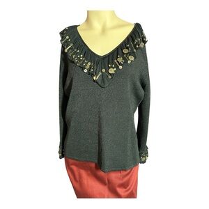 Joseph A Black Long Sleeve V-Neck Sweater w/ Metal Embellishments, Size XL (288)